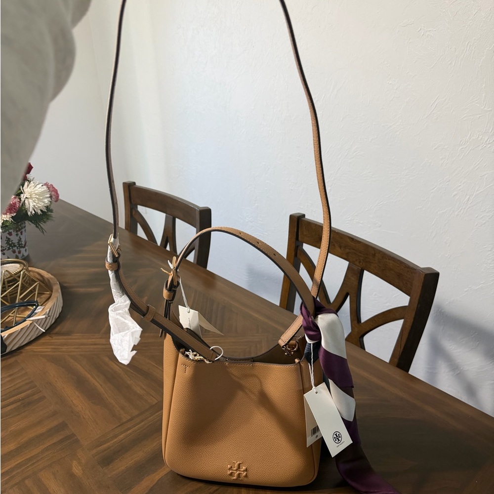 Tory Burch Brown Leather Shoulder Bag with Purple Scarf - Picture 7 of 8